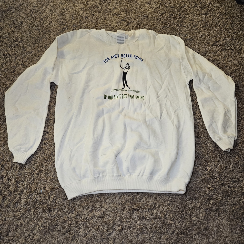 Vintage Gildan White Golf Graphic Crewneck Sweatshirt Size L Funny Puns